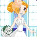 A cartoon bride in a white wedding dress with an elaborate updo hairstyle and holding a bouquet, set against a vibrant background of pastel colors and dresses hanging in a boutique