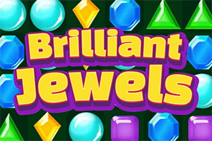 A vibrant assortment of colorful gemstones, including various shapes like diamonds, squares, and circles, set against a dark green background, with the bold text Brilliant Jewels prominently displayed at the center