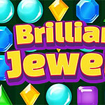 A vibrant assortment of colorful gemstones, including various shapes like diamonds, squares, and circles, set against a dark green background, with the bold text Brilliant Jewels prominently displayed at the center