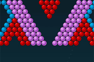 The image features a bubble shooter game layout with clusters of red, blue, and purple bubbles arranged in a triangular formation against a dark background