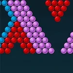 The image features a bubble shooter game layout with clusters of red, blue, and purple bubbles arranged in a triangular formation against a dark background