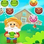 A cheerful farmer in a cartoon style holds a green frog, surrounded by bubble-like icons of various cute animal faces, with a vibrant farm background featuring a barn and lush scenery