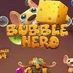 A colorful and playful game screen featuring a cartoon mouse holding a large piece of cheese, with bubble clusters and the title Bubble Hero prominently displayed at the center, indicating gameplay with a whimsical design