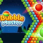 The image features the colorful game title Bubble Master set against a dark blue background, surrounded by vibrant rows of multicolored bubbles and silhouettes of trees, creating a fun and engaging game atmosphere