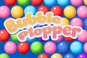 A colorful background filled with various sized, glossy spherical bubbles in pink, red, blue, yellow, green, and purple, with the text Bubble Plopper prominently displayed in a playful font