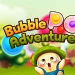 A cute, cartoonish character in a green hat excitedly raises its arms in front of colorful bubble graphics and a whimsical landscape, representing the title Bubble Pop Adventures