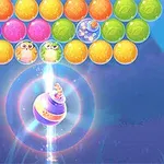 A colorful bubble shooter game featuring a variety of vibrant, multicolored bubbles at the top and an animated character in a bubble at the center, aiming to match and burst the bubbles