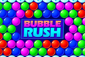 Colorful red, green, blue, and pink bubbles surrounding a central BUBBLE RUSH title sign
