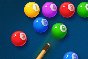 A colorful assortment of billiard balls with numbers, featuring a cue stick about to strike the green ball