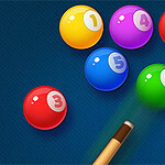 A colorful assortment of billiard balls with numbers, featuring a cue stick about to strike the green ball
