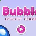 A colorful game title screen for Bubble Shooter Classic, featuring large green, blue, and red bubbles, with a playful pink font and a prominent play button