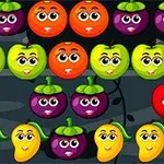 A colorful arrangement of cartoon fruits with smiling faces, including apples, oranges, grapes, and other fruits, set against a dark background