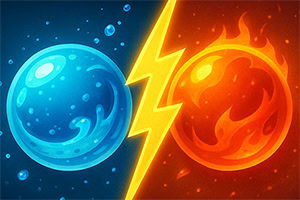 A vivid contrast of a blue water sphere and a red fire sphere separated by a bright yellow lightning bolt on a gradient backdrop
