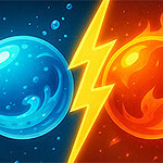 A vivid contrast of a blue water sphere and a red fire sphere separated by a bright yellow lightning bolt on a gradient backdrop