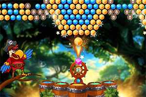 A colorful bubble shooter game featuring a pirate parrot, vibrant bubbles, and a forest background