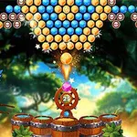 A colorful bubble shooter game featuring a pirate parrot, vibrant bubbles, and a forest background