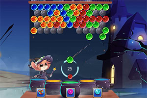 A whimsical character with a wand aims a colorful bubble towards a grid of bubbles in various colors, set against a dark, mystical background featuring a shadowy castle