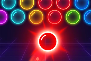 Bubble Shooter Neon A vibrant neon scene featuring a glowing red ball positioned in front of a row of colorful, illuminated bubbles against a dark background