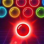 Bubble Shooter Neon A vibrant neon scene featuring a glowing red ball positioned in front of a row of colorful, illuminated bubbles against a dark background