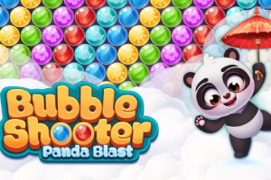 A colorful game promotional image featuring a cute panda character and a vibrant backdrop of bubbles with the text Bubble Shooter: Panda Blast