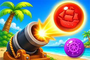Cartoon cannon on a tropical beach firing a glowing red pirate ship token beside a purple ship wheel coin