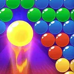 A vibrant arcade-style game image featuring a glowing yellow bubble surrounded by colorful green, blue, and red bubbles, set against a purple background, evoking a sense of fun and action