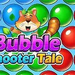 A colorful game screen featuring the title Bubble Shooter Tale alongside a cheerful cartoon cat character and various vibrant bubbles in blue, green, and red colors