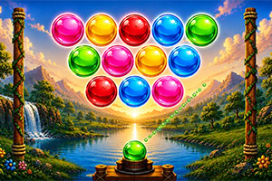 Colorful bubble grid above a tropical river valley, with a green bubble launcher and dotted aiming line