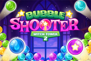 Bubble Shooter Witch Tower 2 A colorful graphic featuring the text Bubble Shooter in bold, playful letters, accented with stars, and surrounded by various vibrant bubbles in shades of blue, green, pink, and purple, set against a dark, magical background
