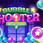 Bubble Shooter Witch Tower 2 A colorful graphic featuring the text Bubble Shooter in bold, playful letters, accented with stars, and surrounded by various vibrant bubbles in shades of blue, green, pink, and purple, set against a dark, magical background
