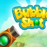 The image features a colorful game title Bubble Shot with vibrant bubbles and a playful background, suggesting a fun and engaging bubble-popping game