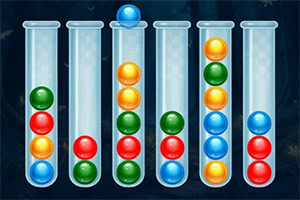 Six clear test tubes filled with colored spheres in various arrangements, featuring red, blue, green, and orange balls, some occupying the bottom of the tubes while others are stacked