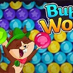 A cheerful cartoon animal character holding colorful bubbles is featured in the game Bubble Woods, set against a vibrant backdrop of purple, green, and blue bubbles