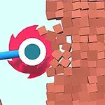 A brightly colored spinning saw blade is cutting through a wall of brown cubes in a simple, cartoonish 3D environment