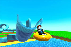 Cartoon character sitting on a yellow inner tube floating on blue water near a large curved gray structure under a bright blue sky