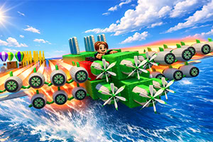 Cartoon character wearing a hat rides a green multi-wheel vehicle with spinning propellers across the ocean, with splashing water, a sandy shoreline, city buildings, and hot air balloons under a bright blue sky