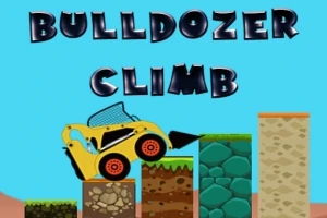 An animated yellow bulldozer climbing over colorful stone blocks with the title Bulldozer Climb prominently displayed above