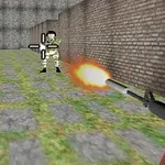 A retro-style first-person shooter scene featuring a player character aiming a gun at an enemy soldier in a pixelated environment with brick walls and a grass-covered ground