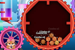 A vibrant scene featuring a cartoon mouse with a pink hat, surrounded by colorful gears and a circular container filled with hexagonal pieces, displaying various combo scores in a playful, animated style