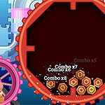 A vibrant scene featuring a cartoon mouse with a pink hat, surrounded by colorful gears and a circular container filled with hexagonal pieces, displaying various combo scores in a playful, animated style