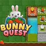 A vibrant game interface for Bunny Quest featuring a smiling bunny character, carrots, grass, and a grid-based puzzle layout with pathways and obstacles