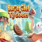 A colorful game cover for Burger Chef Tycoon featuring a cheerful chef holding multiple burgers, with a vibrant fast-food shop and fries in the foreground against a city backdrop