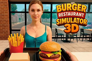Woman at a restaurant counter with a burger and fries in the foreground, with a colorful Burger Restaurant Simulator 3D sign behind her