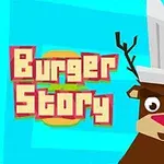 A colorful, cartoon-style image featuring a cartoon character resembling a reindeer wearing a chefs hat, with the title Burger Story in bold, playful font against a bright blue background