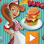 A cartoon-style waitress in a striped outfit smiles beside a large, layered hamburger on a plate, with the text BURGER TIME above and food items like bacon and mushrooms surrounding the scene