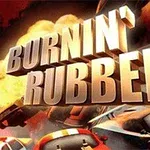 The image features the title BURNIN RUBBER in bold text against a backdrop of colorful racing cars and explosions, conveying high-energy and action-packed themes