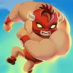 A muscular cartoon character with a red mask and horns is depicted mid-action, leaping forward energetically against a bright blue background