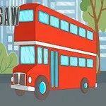 A vibrant, cartoon-style red double-decker bus is depicted against a city backdrop with greenery and modern buildings, accompanied by the text BUS JIGSAW