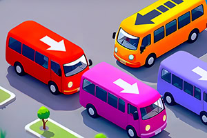 A colorful illustration of cartoon-style buses in a parking lot, featuring red, orange, and pink vehicles with directional arrows on top
