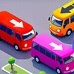 A colorful illustration of cartoon-style buses in a parking lot, featuring red, orange, and pink vehicles with directional arrows on top